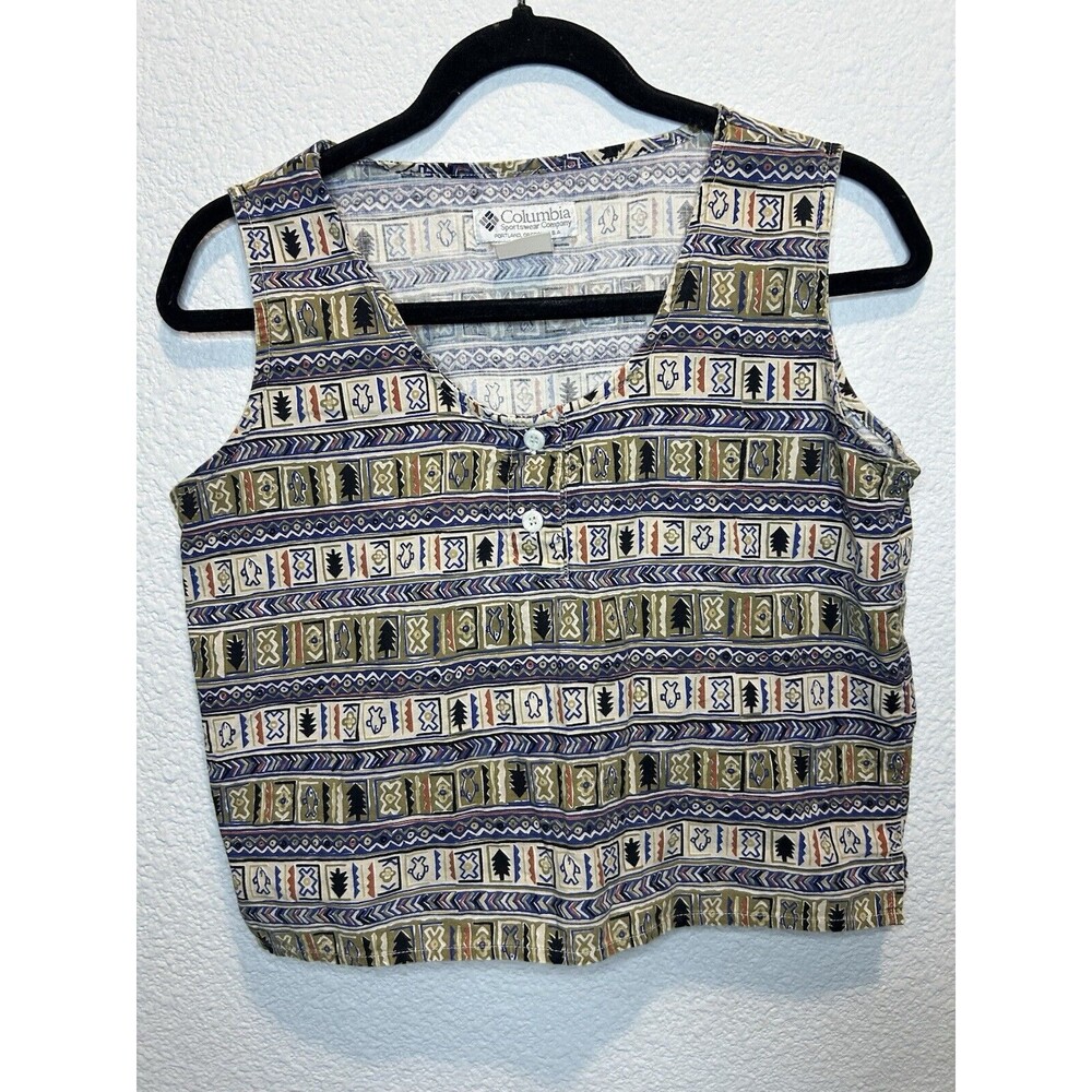 Vintage Columbia Sleeveless Cropped Tank Top Women Sz XS Geometric Fish Retro